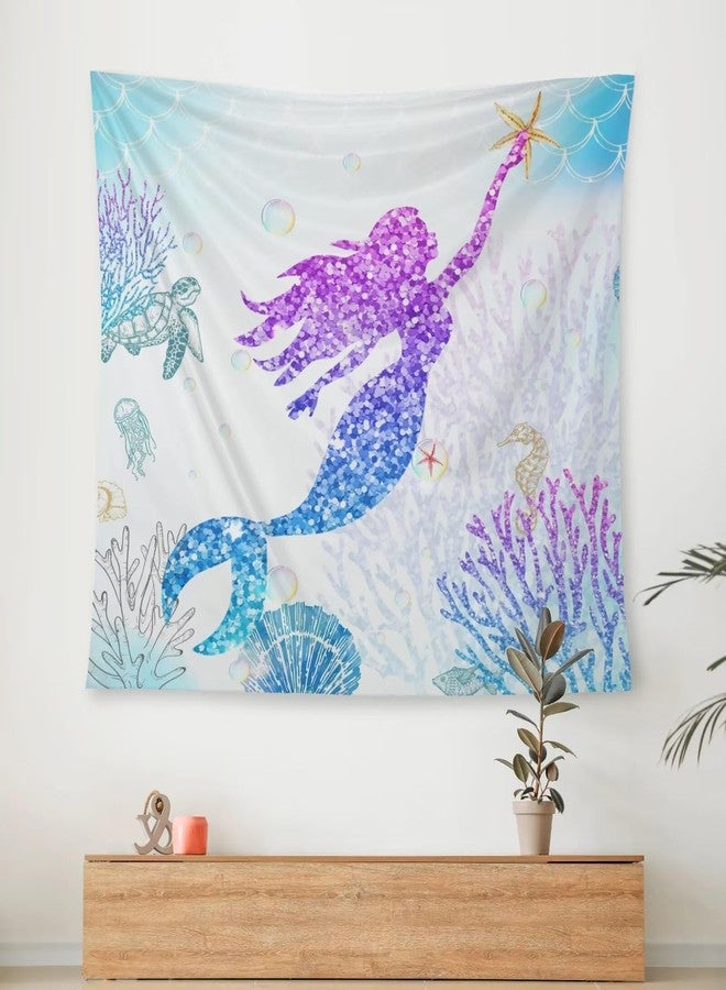 AAVEUP Mermaid Tapestry Blue Watercolor Simple Underwater Glitter Coral Starfish Seahorse Sea Turtle Mermaid Princess Tapestries for Nursery Boys Girls Bedroom Dorm Living Room Decor 30x40in - Image 5